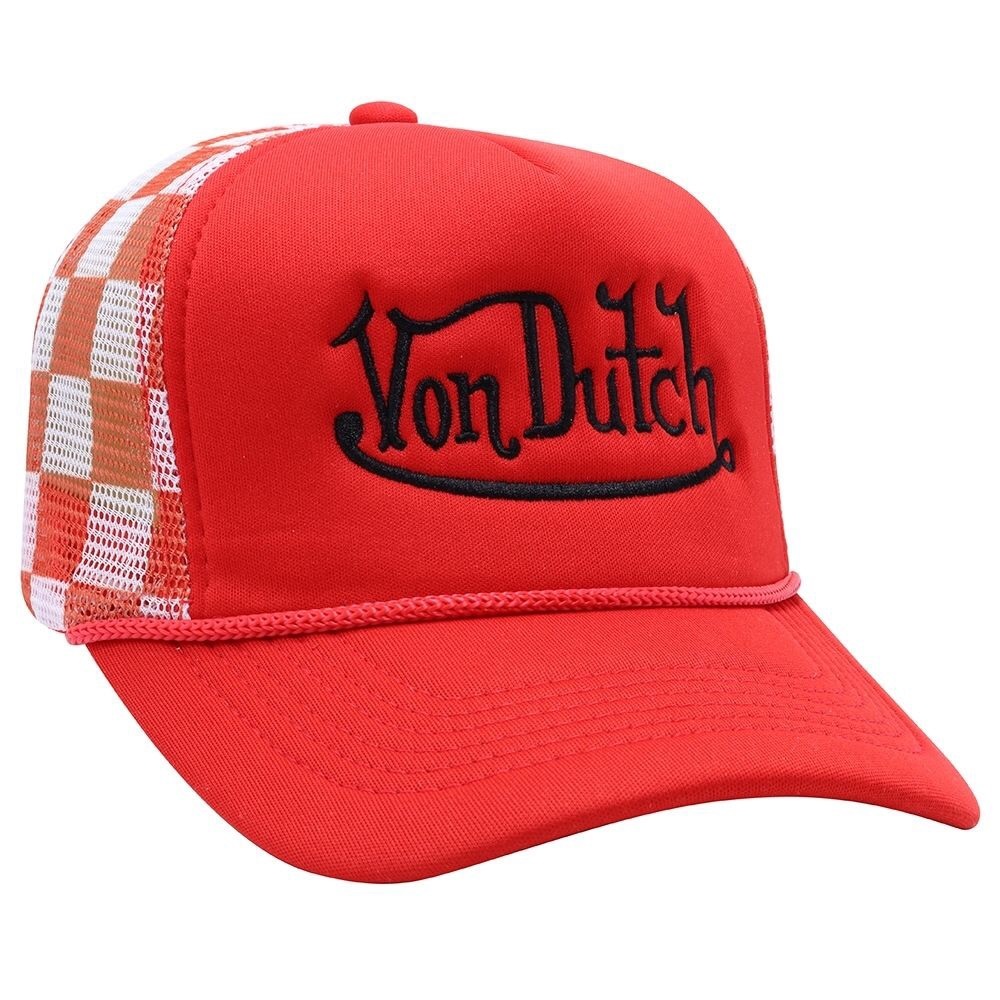 Von Dutch Red and Black Logo Trucker Cap with Checker Mesh